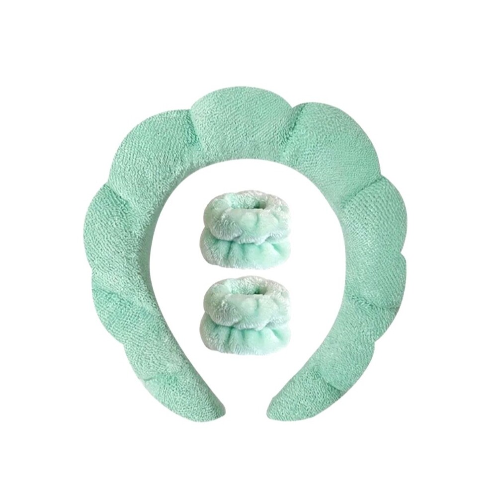 Mint Green Puffy Terry Cloth Spa Headband & Wrist Wash Band Set Skincare NEW